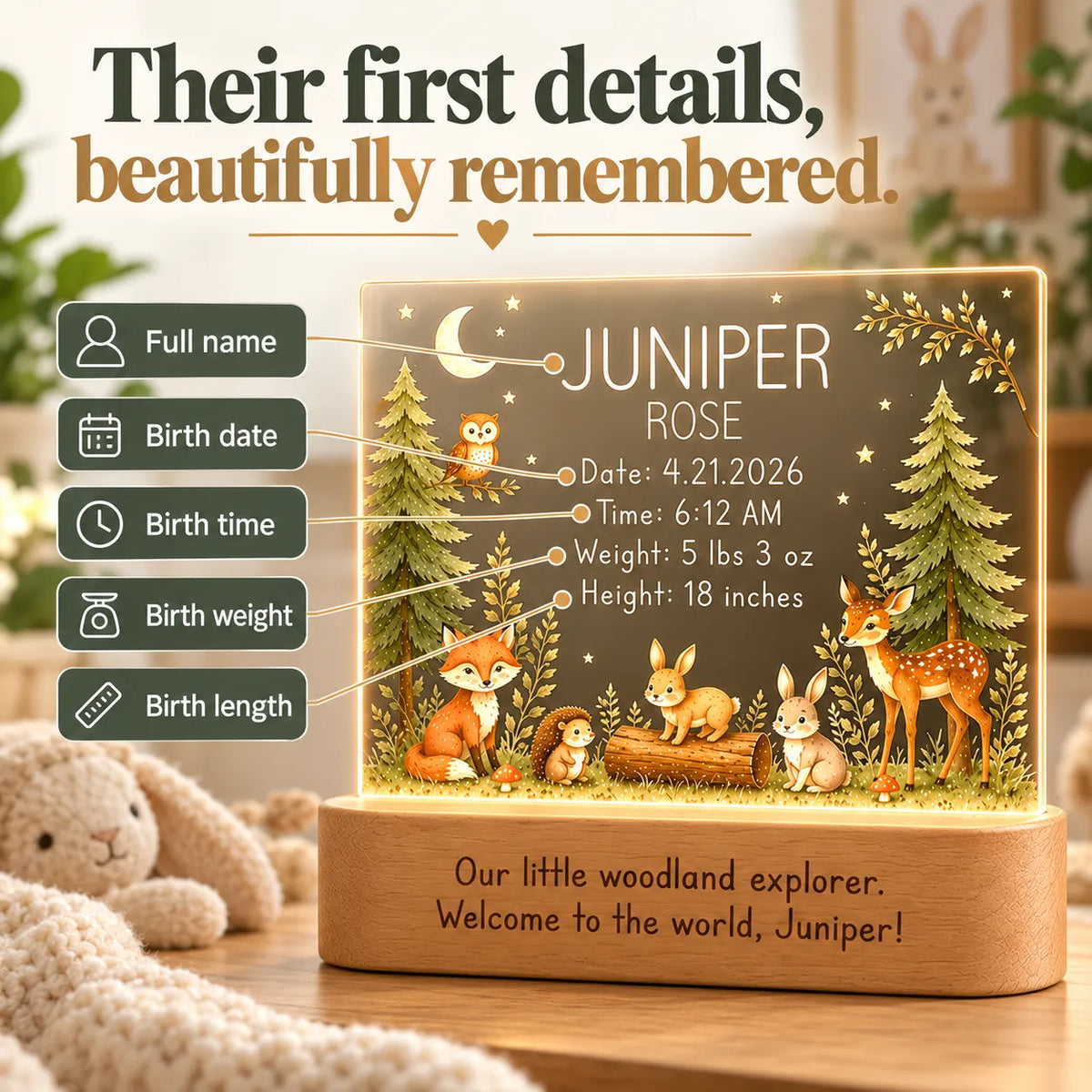 Personalized woodland baby night light showing the full name, birth date, time, weight and length fields
