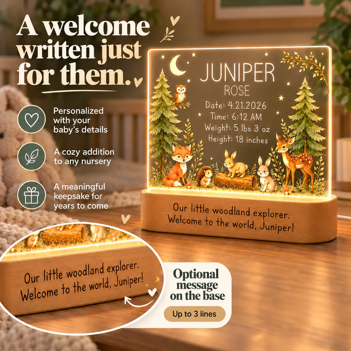 Personalized woodland baby night light with an optional message of up to 3 lines engraved on the wood base