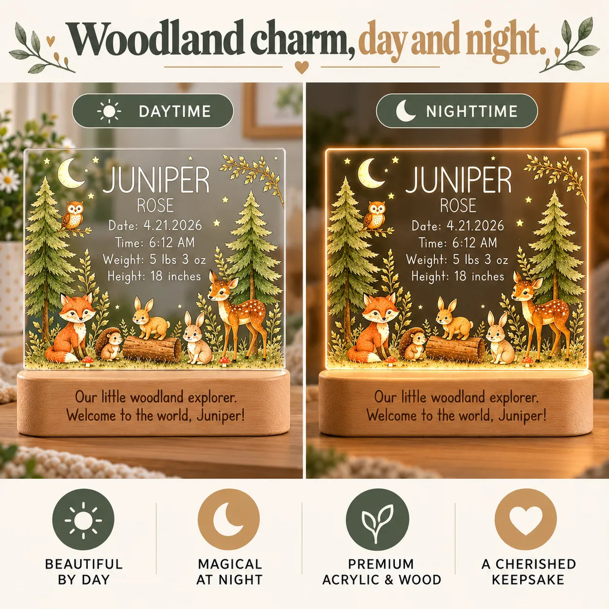 Side-by-side of the personalized woodland birth stats night light in daytime and glowing at night