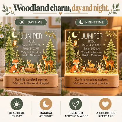 Side-by-side of the personalized woodland birth stats night light in daytime and glowing at night