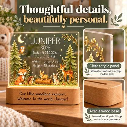 Details of the personalized woodland baby night light: clear acrylic panel and acacia wood base