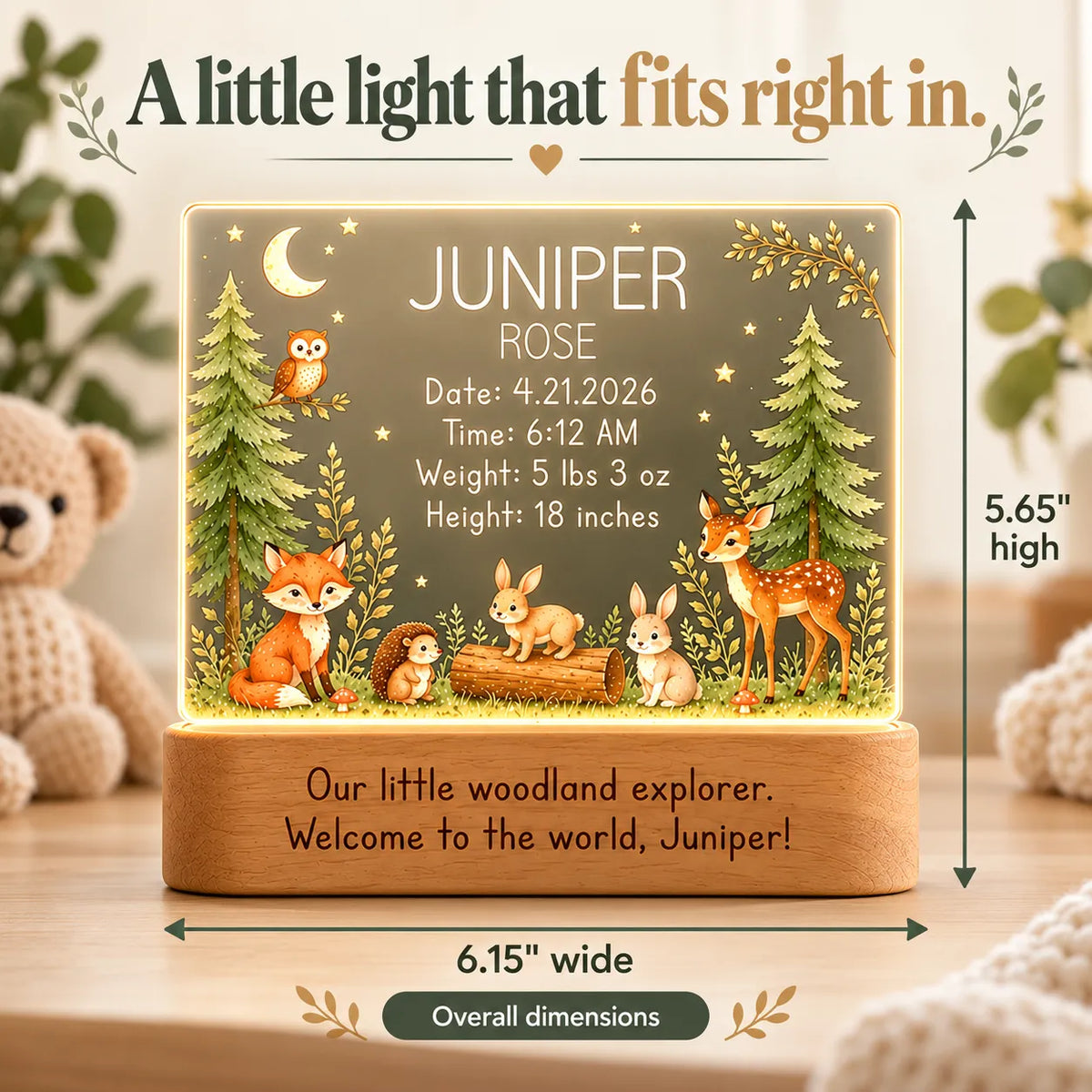 Personalized woodland baby night light dimensions: 5.65 in high by 6.15 in wide