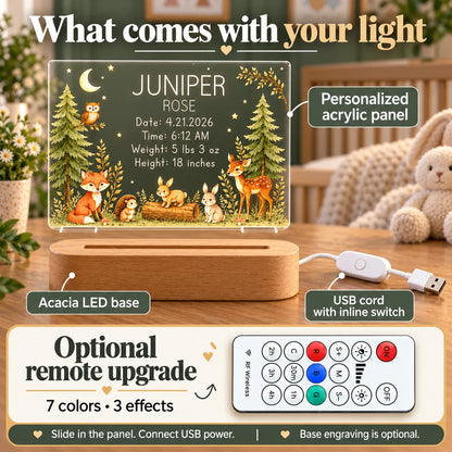 What comes with the personalized woodland baby night light: acrylic panel, acacia LED base, USB cord, optional remote