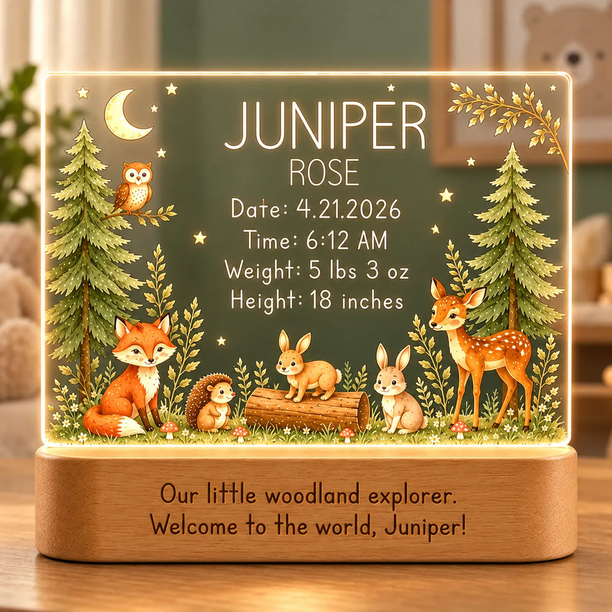 Personalized woodland baby night light with name and birth stats engraved above a fox, fawn, bunnies and hedgehog, glowing on a wood base