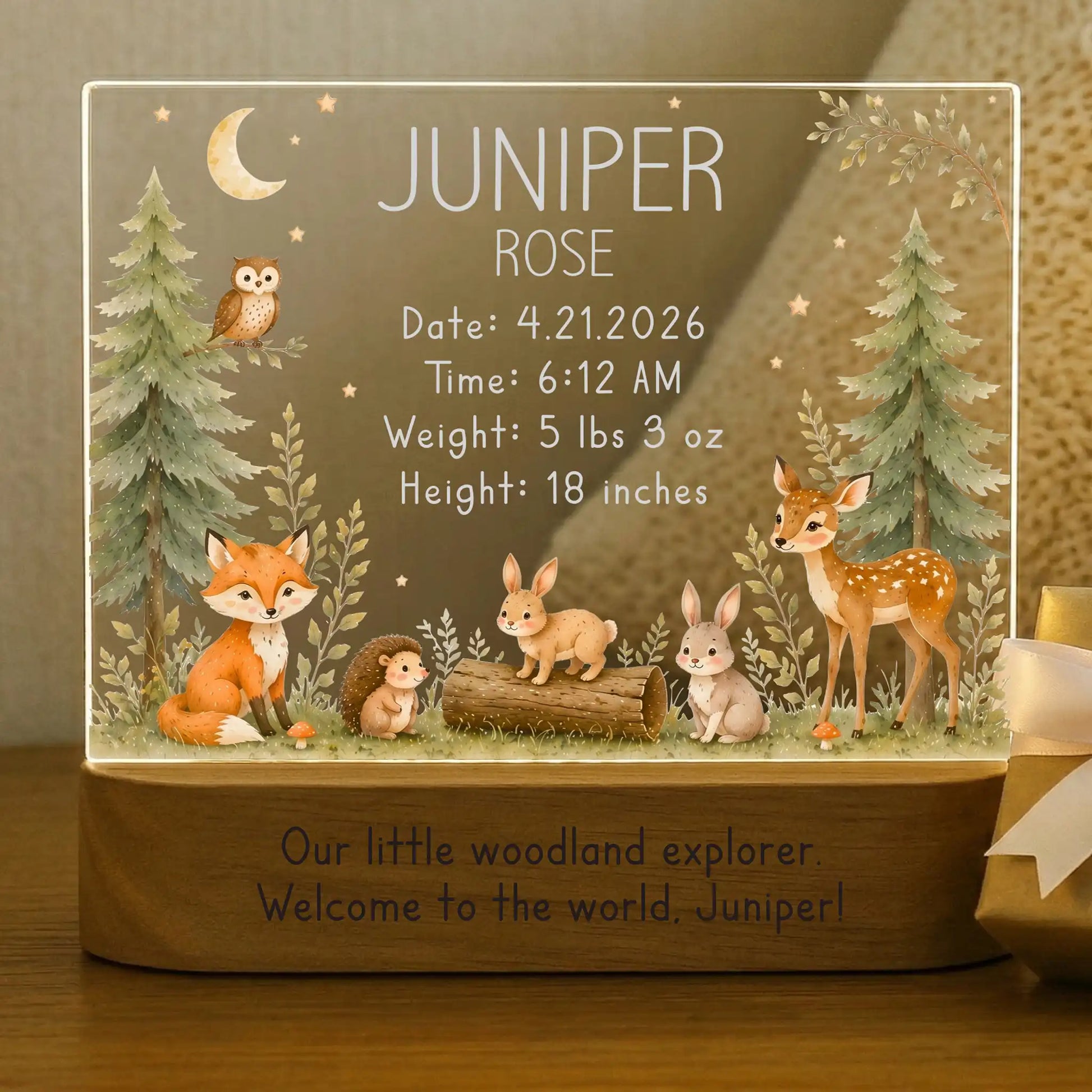 Personalized woodland baby night light with color changing LED base