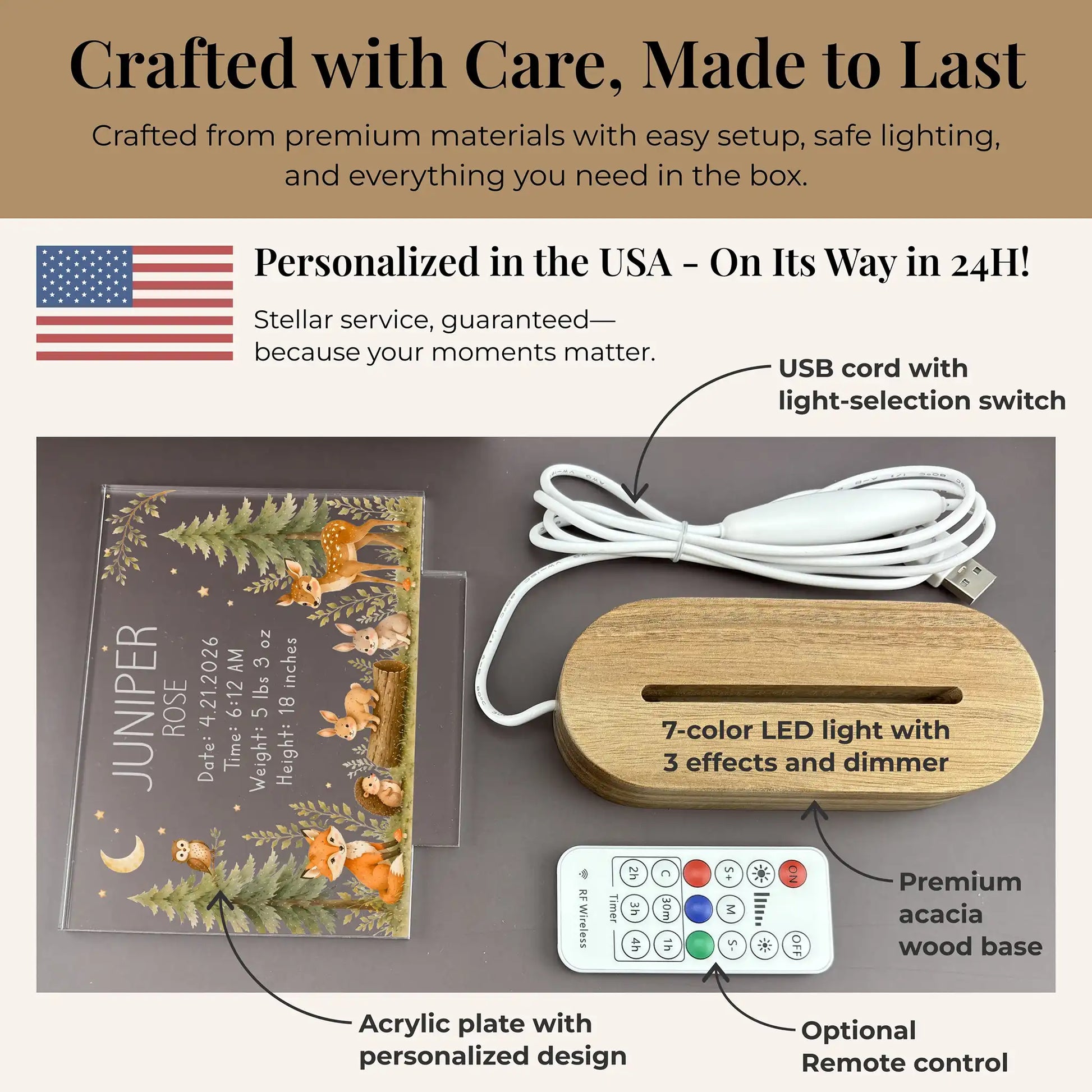 Personalized baby night light set with acacia wood base, USB cord, and optional wireless remote