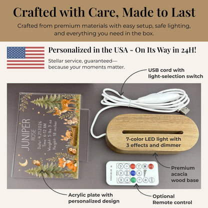 Personalized baby night light set with acacia wood base, USB cord, and optional wireless remote