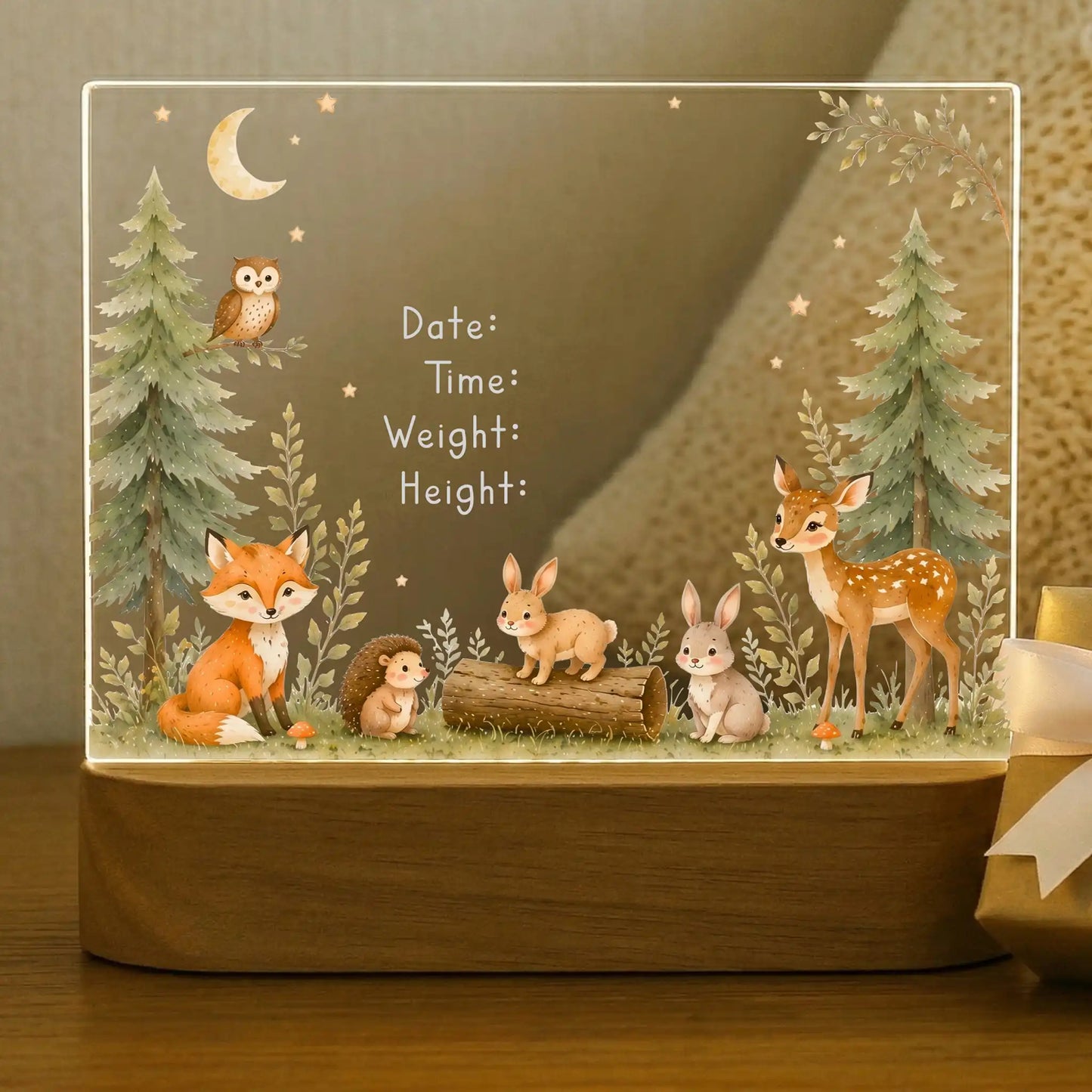 Woodland baby night light shown before name and birth stats are engraved