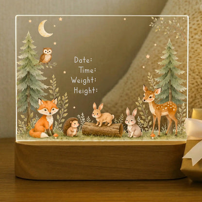 Woodland baby night light shown before name and birth stats are engraved