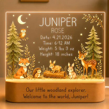 Personalized woodland baby night light with laser engraved name and birth stats on clear acrylic plate
