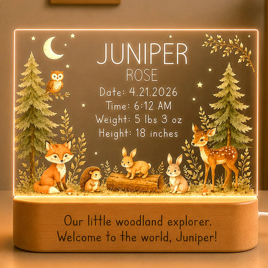Personalized woodland baby night light with laser engraved name and birth stats on clear acrylic plate