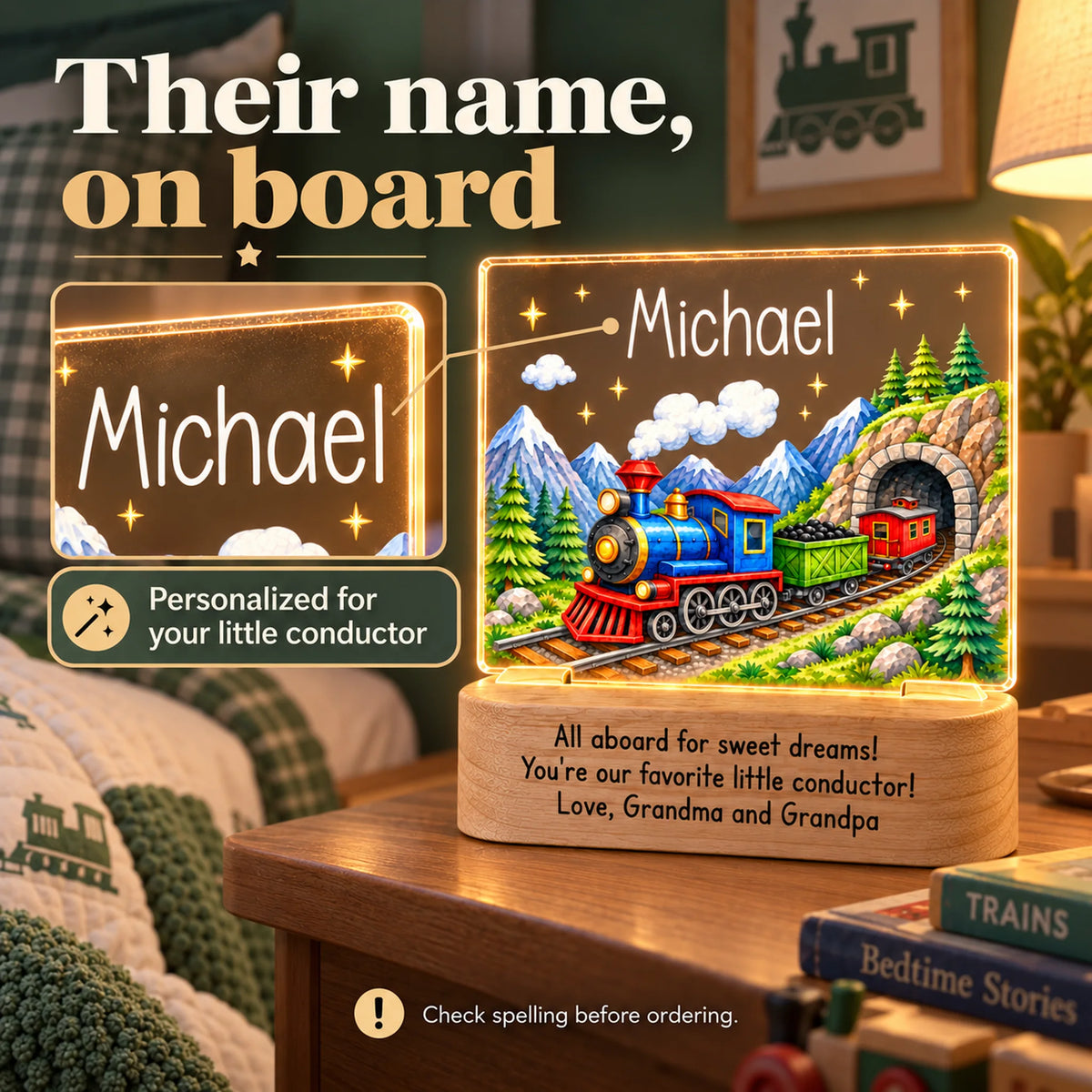 Personalized train kids night light with a close-up of the child's name glowing on the acrylic panel