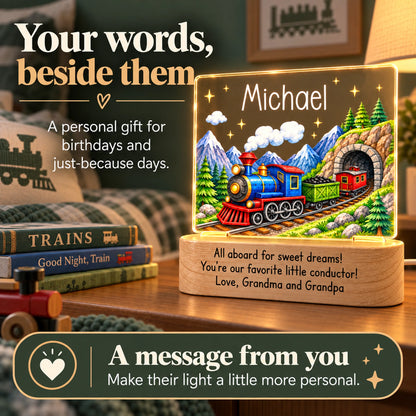 Personalized train night light with a personal message engraved on the wood base, a gift for birthdays