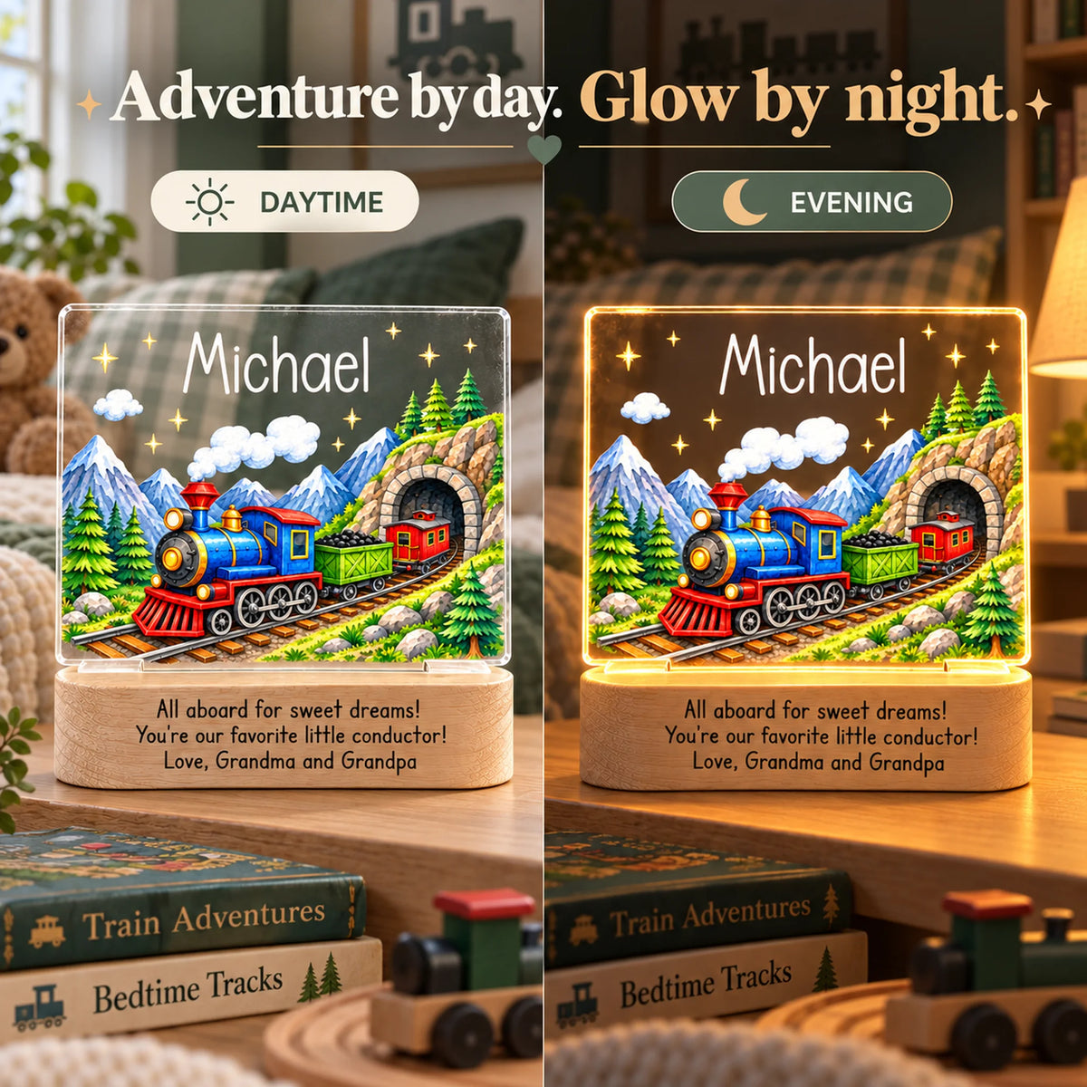 Side-by-side of the personalized train night light in daytime and glowing in the evening