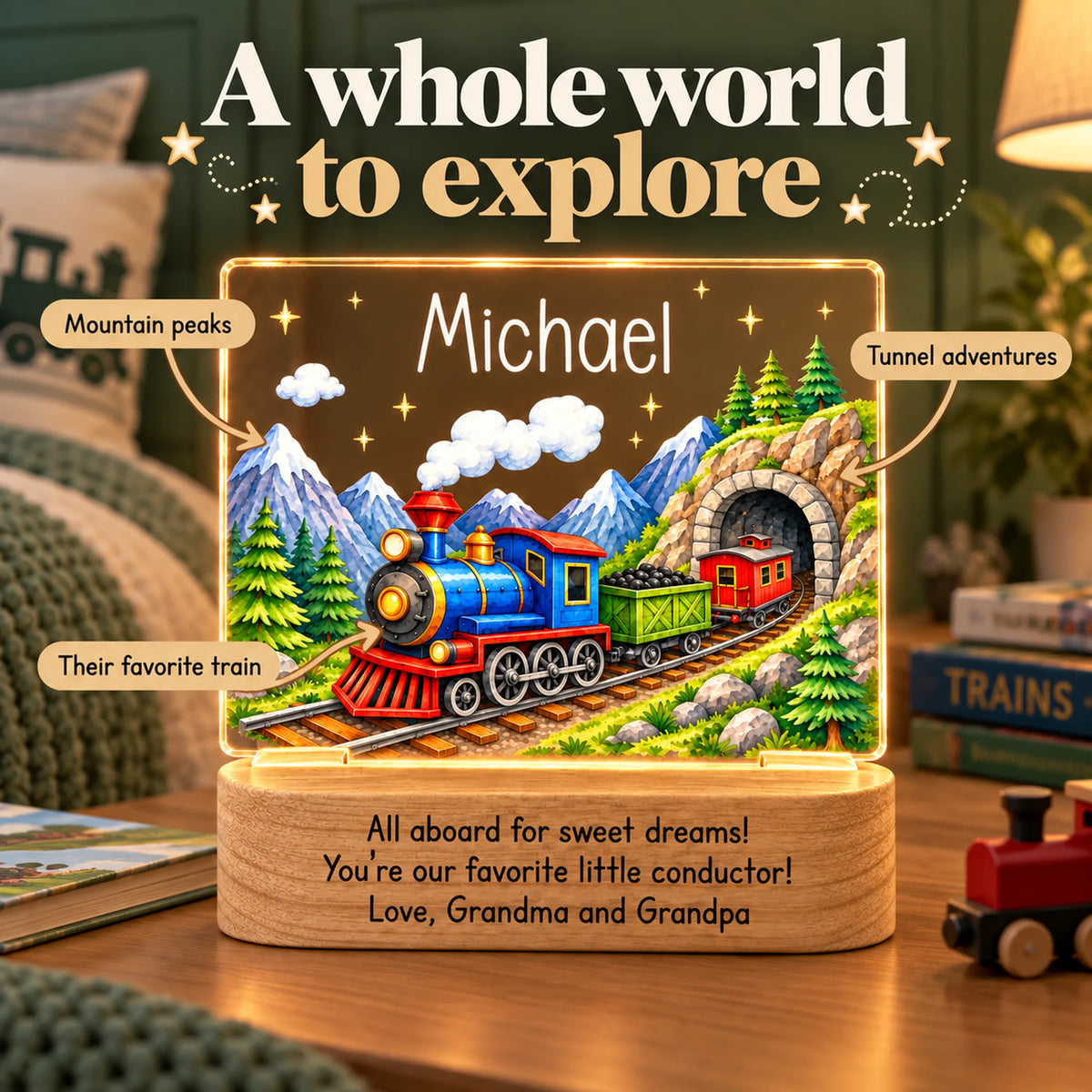 Personalized train night light design with a steam train, mountain peaks and a tunnel