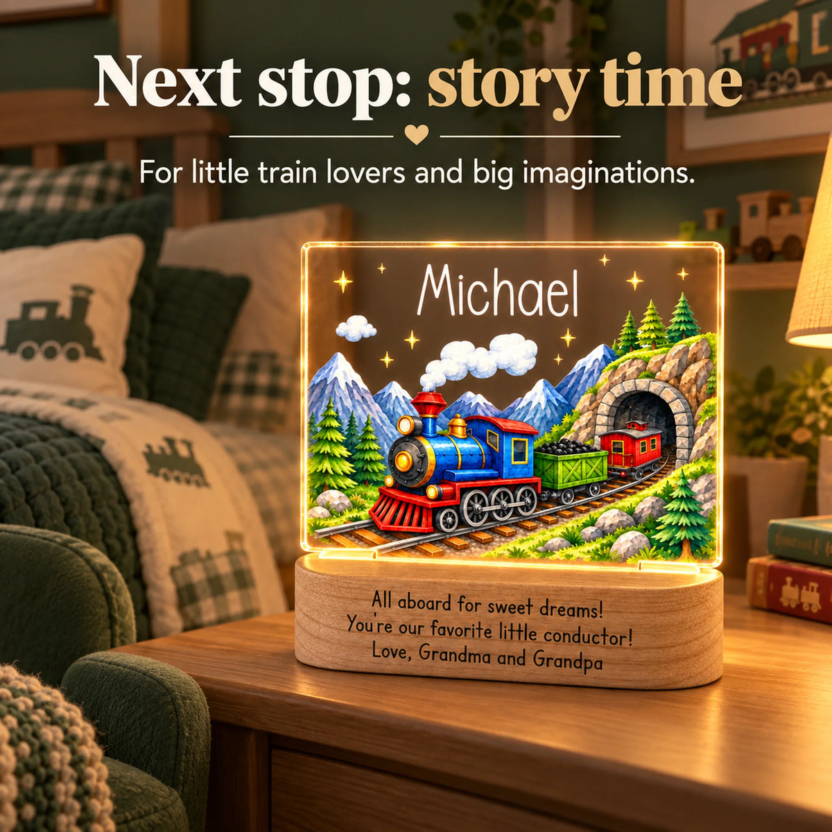 Personalized train night light lit up beside bedtime storybooks for little train lovers