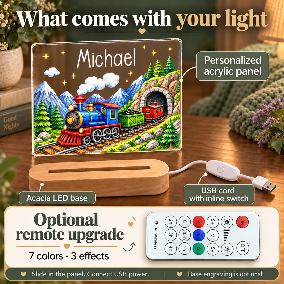 What comes with the personalized train night light: acrylic panel, acacia LED base, USB cord, optional remote