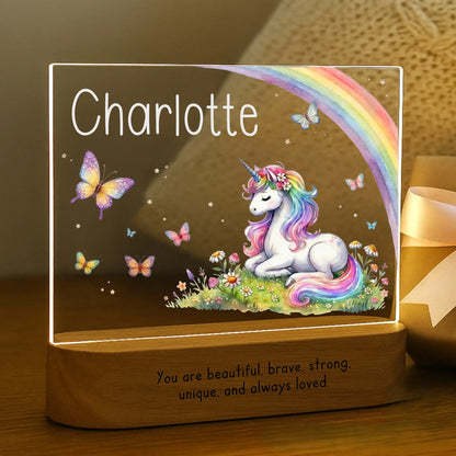 Personalized unicorn night light glowing with custom name Charlotte laser engraved on acrylic and You Are Beautiful Brave Strong message laser engraved on acacia wood base