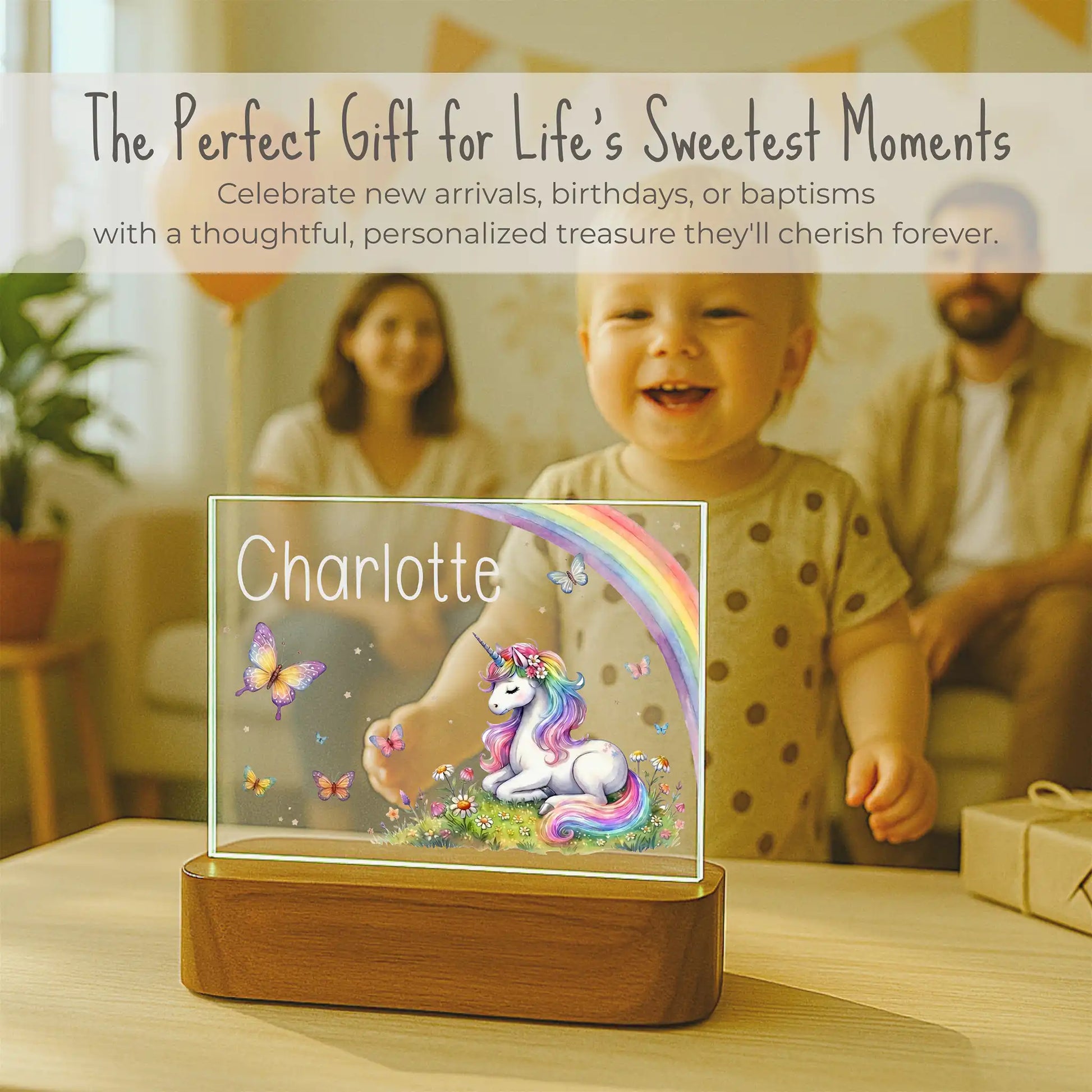Personalized girls unicorn night light displayed at birthday celebration, custom name Charlotte laser engraved on acrylic plate, gift for toddler girls who love unicorns and rainbows, ships within 24 hours
