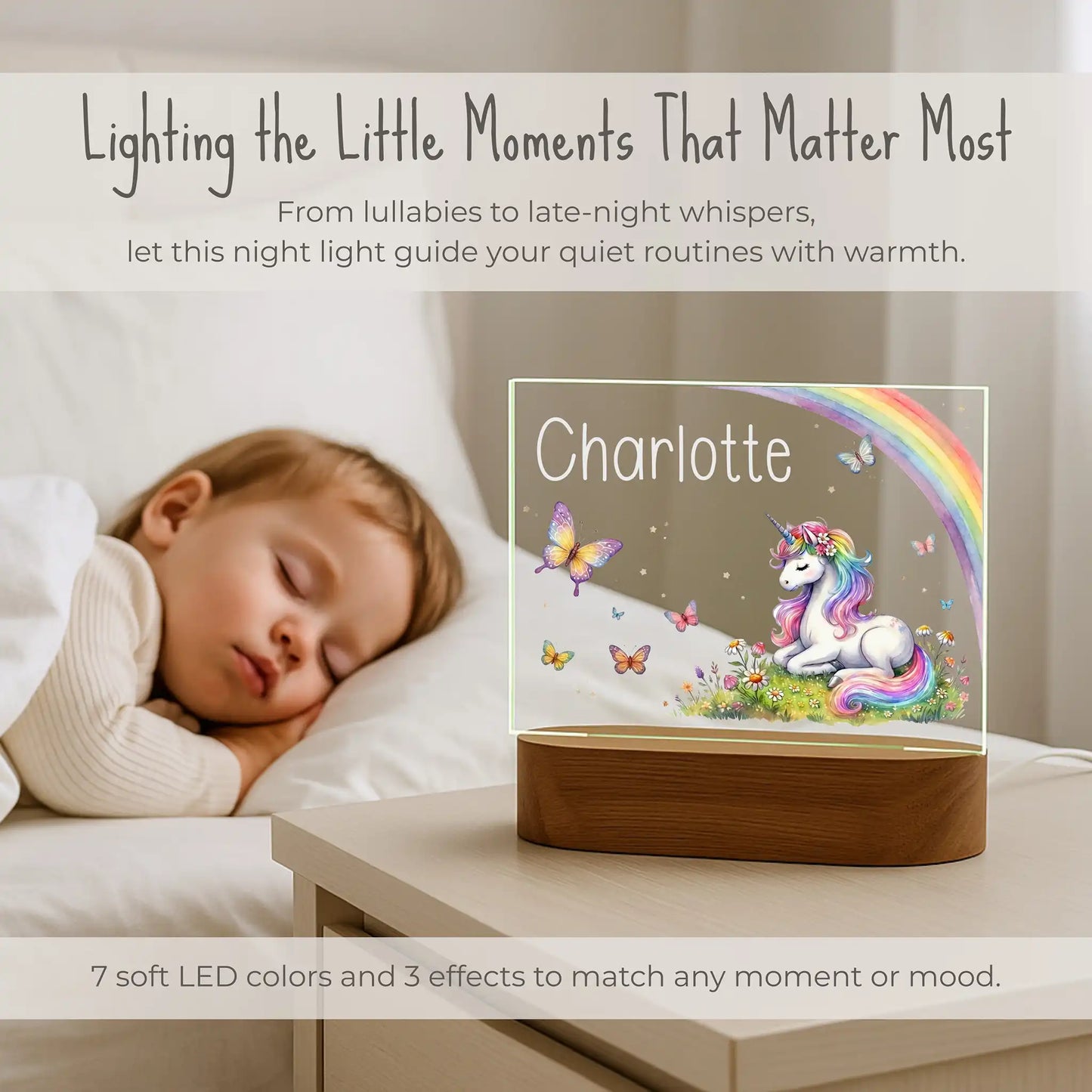 Personalized unicorn night light on nightstand beside sleeping child, 7 soft LED colors and 3 effects, custom name Charlotte laser engraved on rainbow unicorn and butterfly design