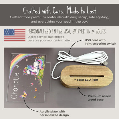 Personalized unicorn night light components showing UV printed acrylic plate with laser engraved name Charlotte and rainbow unicorn butterfly design, premium acacia wood base with 7-color LED, and USB cord with light-selection switch