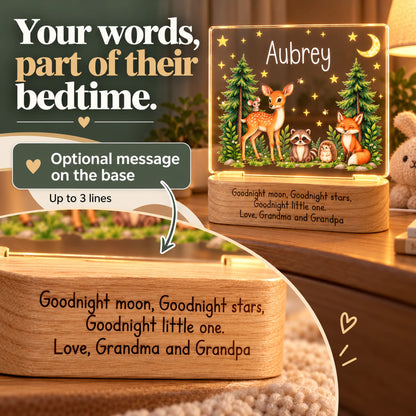 Personalized woodland animals night light with an optional message of up to 3 lines engraved on the base