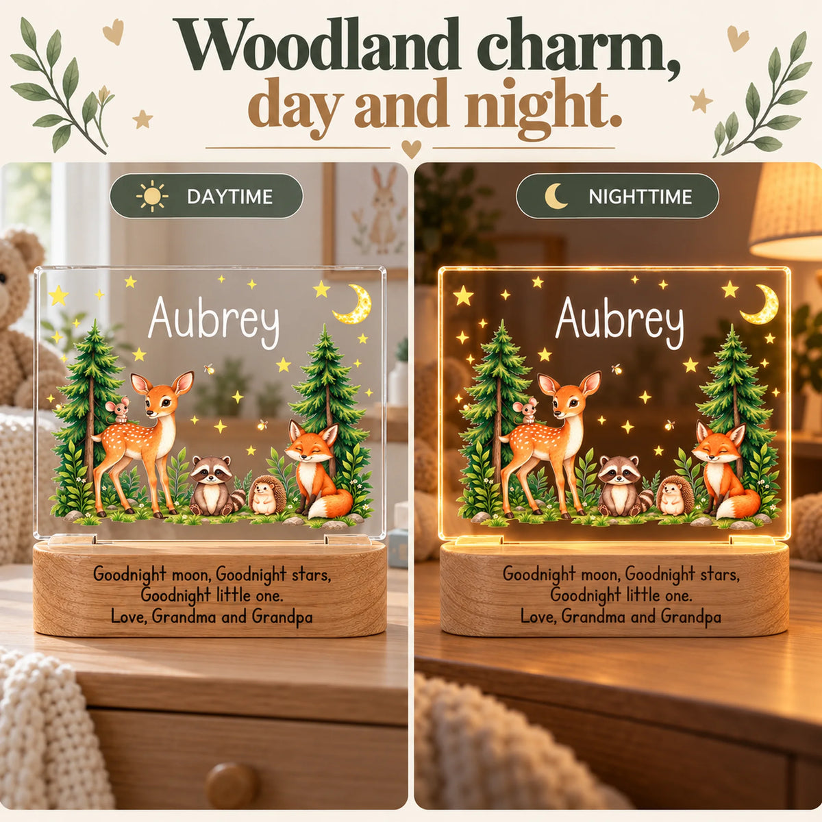 Side-by-side of the personalized woodland night light in daytime and glowing at nighttime