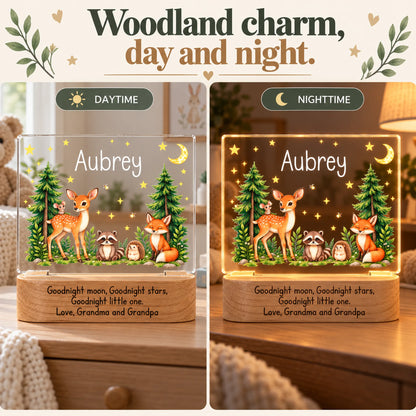 Side-by-side of the personalized woodland night light in daytime and glowing at nighttime