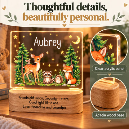 Details of the personalized woodland night light: clear acrylic panel and acacia wood base