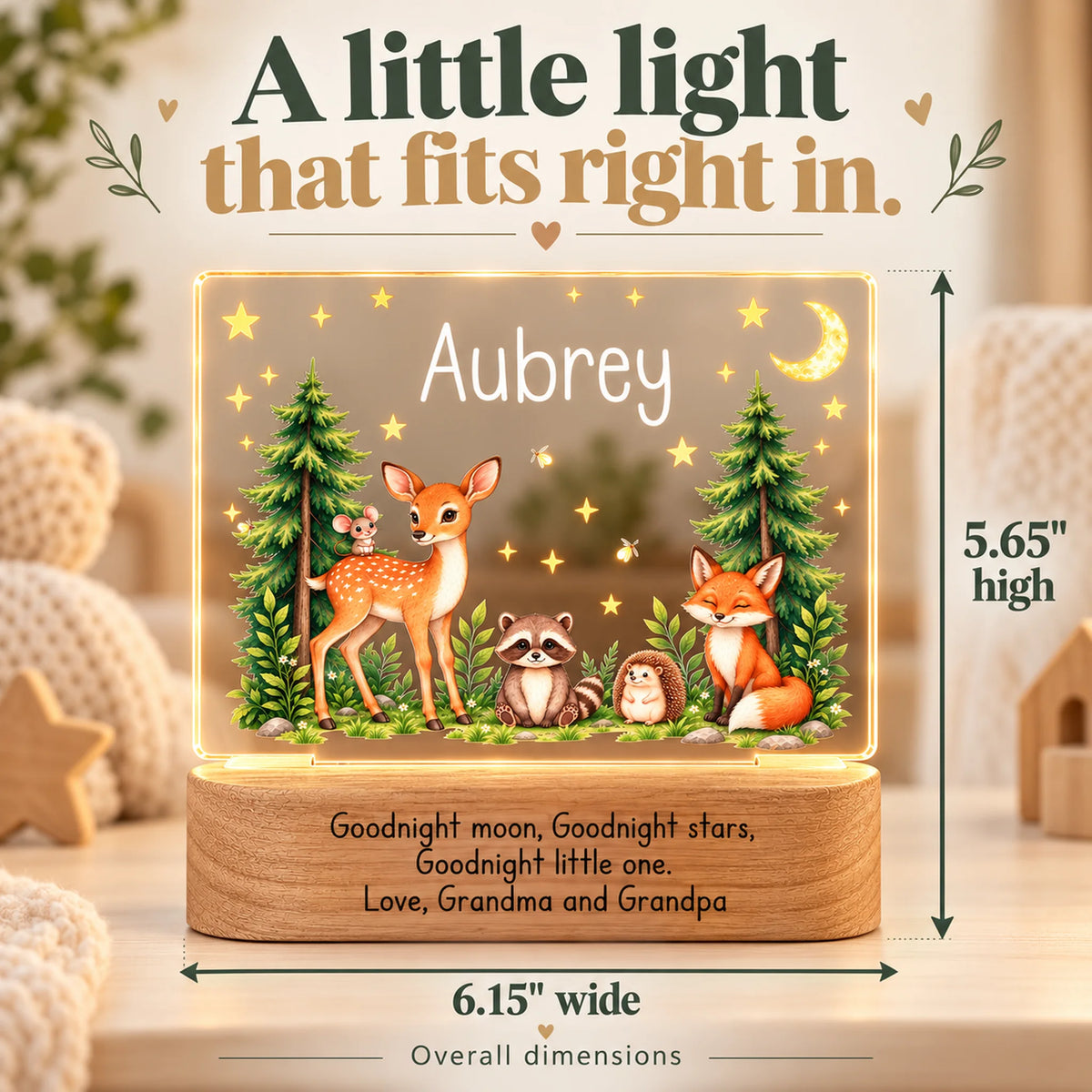 Personalized woodland animals night light dimensions: 6.15 in wide by 5.65 in high