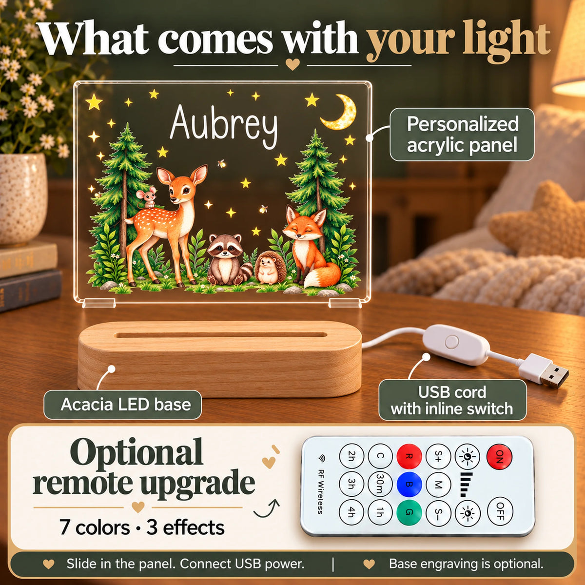 What comes with the personalized woodland night light: acrylic panel, acacia LED base, USB cord, optional remote