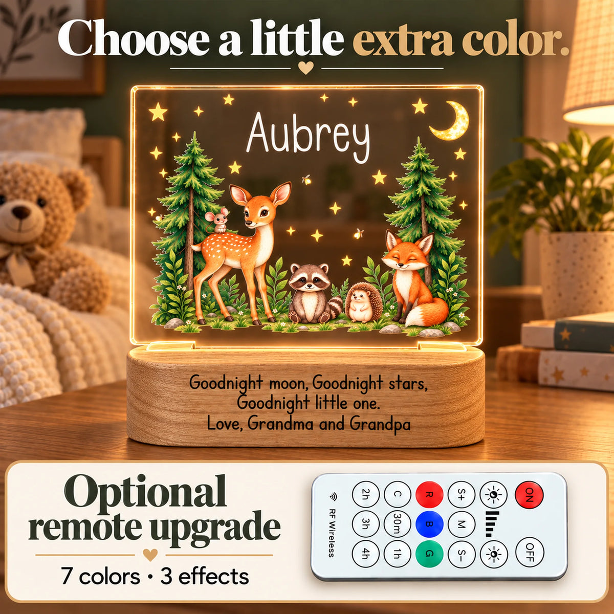 Personalized woodland animals night light with the optional color-changing remote upgrade