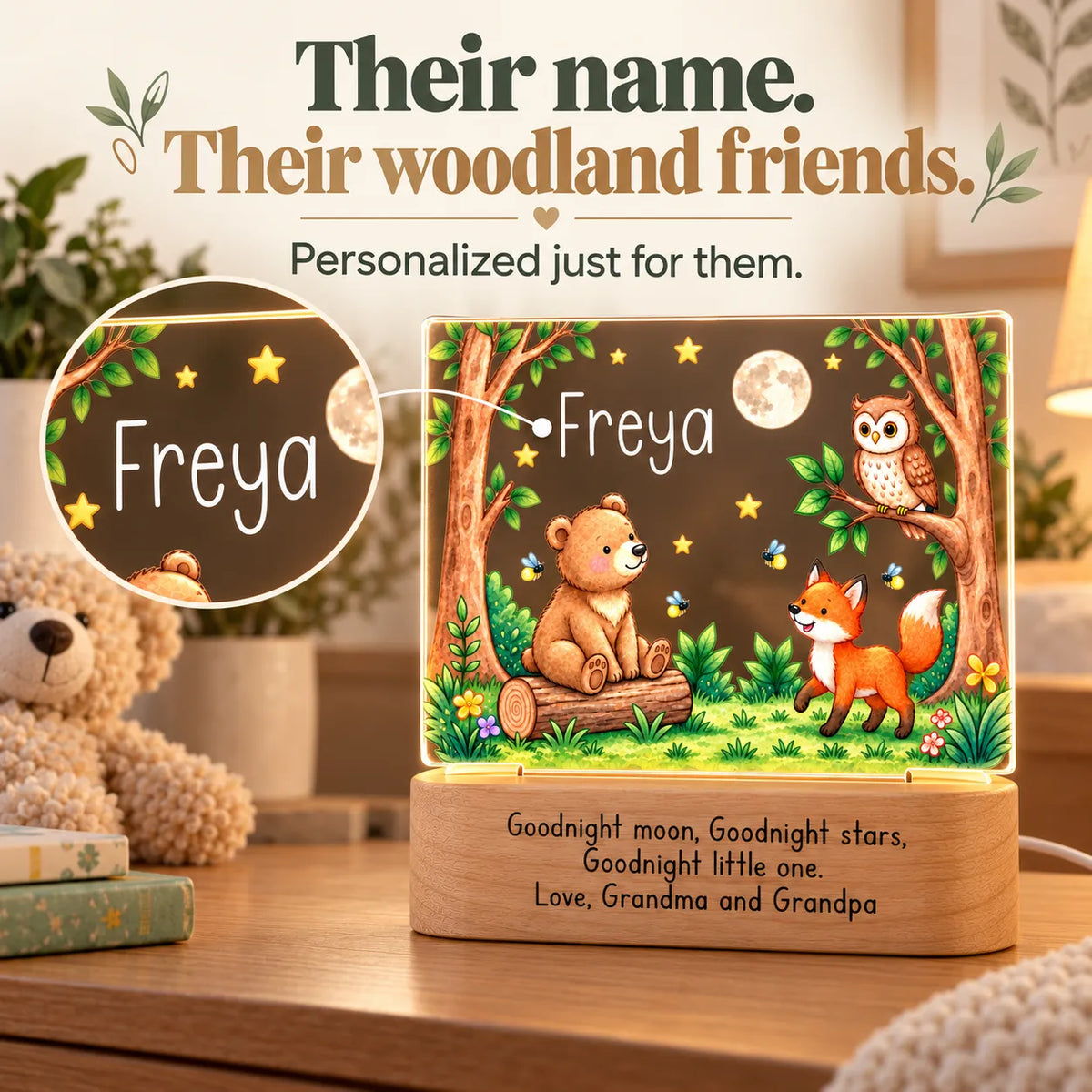Close-up of the child's name on the personalized woodland night light above the bear cub, fox and owl
