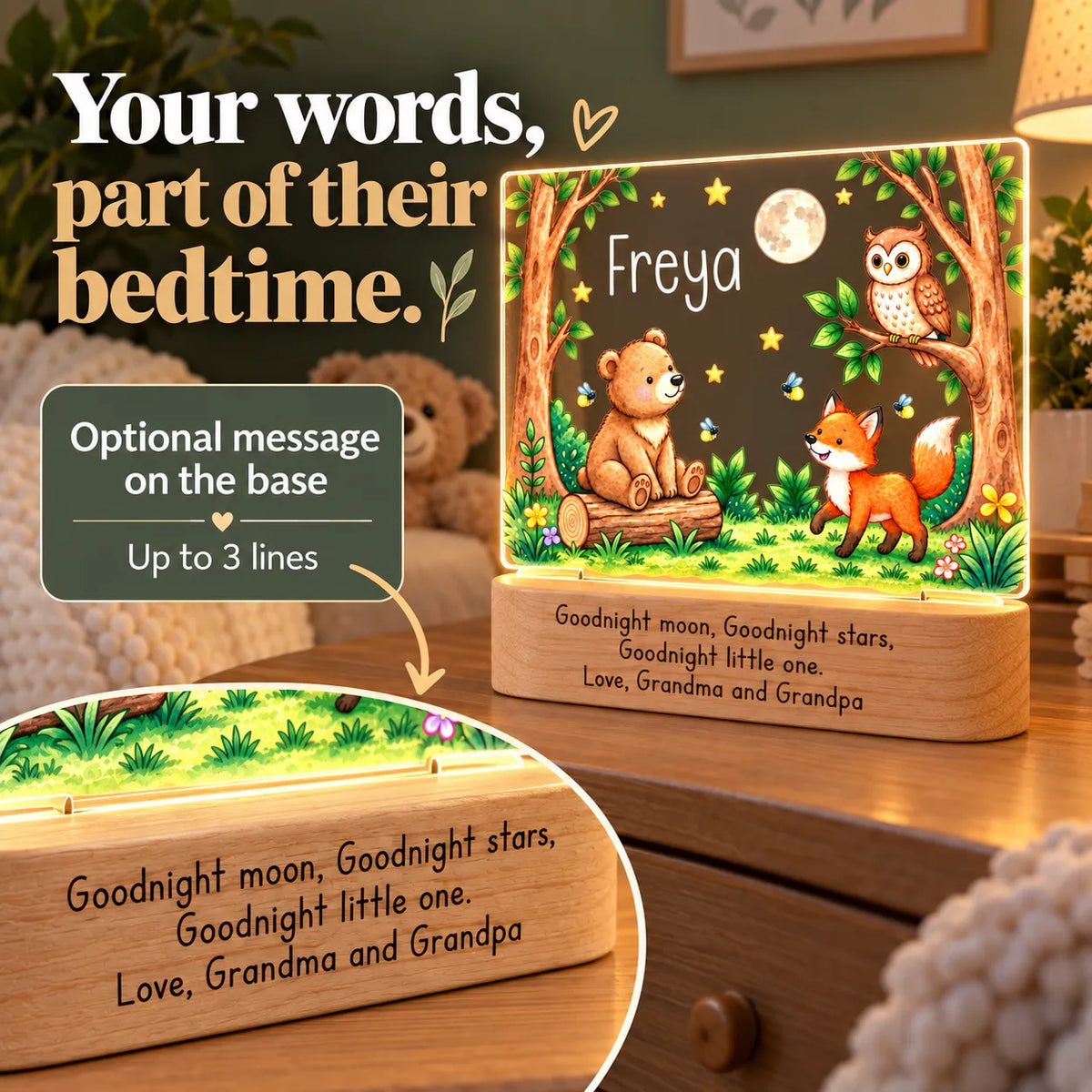 Personalized woodland bear night light with an optional message of up to 3 lines engraved on the wood base