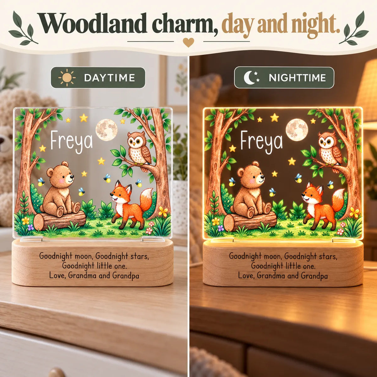Side-by-side of the personalized woodland bear night light in daytime and glowing at night
