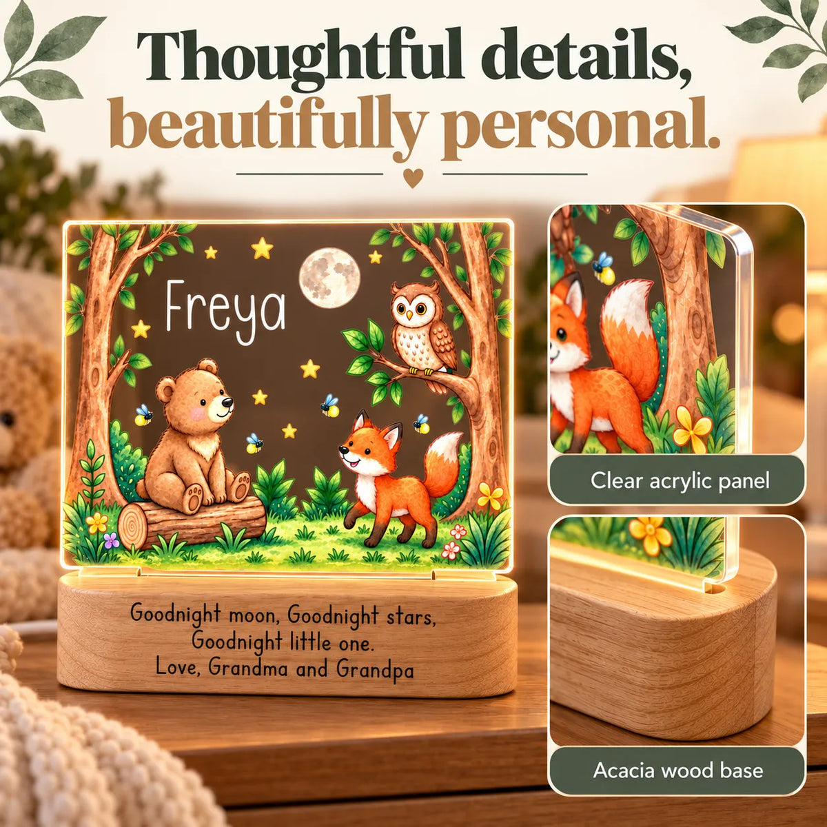 Details of the personalized woodland bear night light: clear acrylic panel and acacia wood base