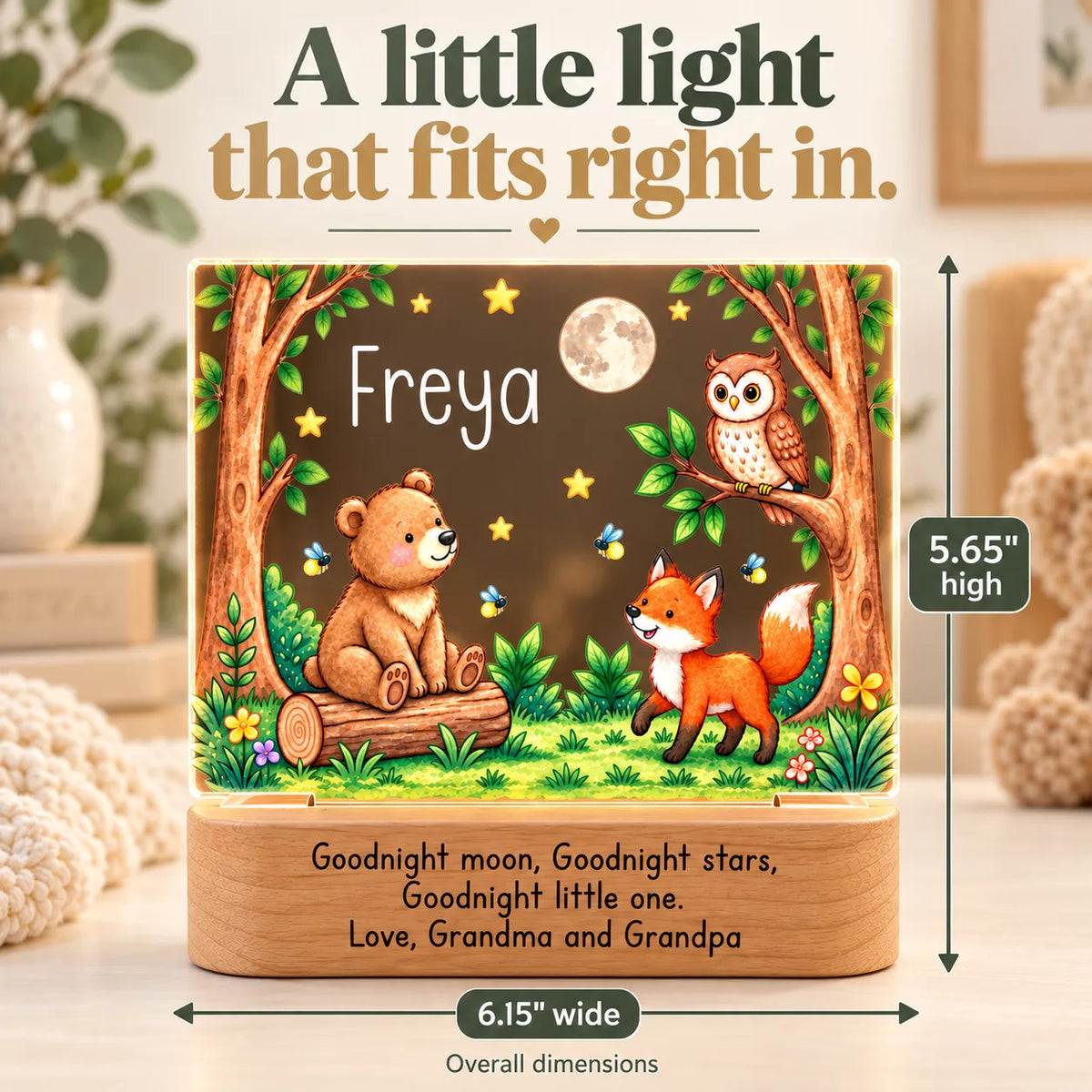 Personalized woodland bear night light dimensions: 5.65 in high by 6.15 in wide