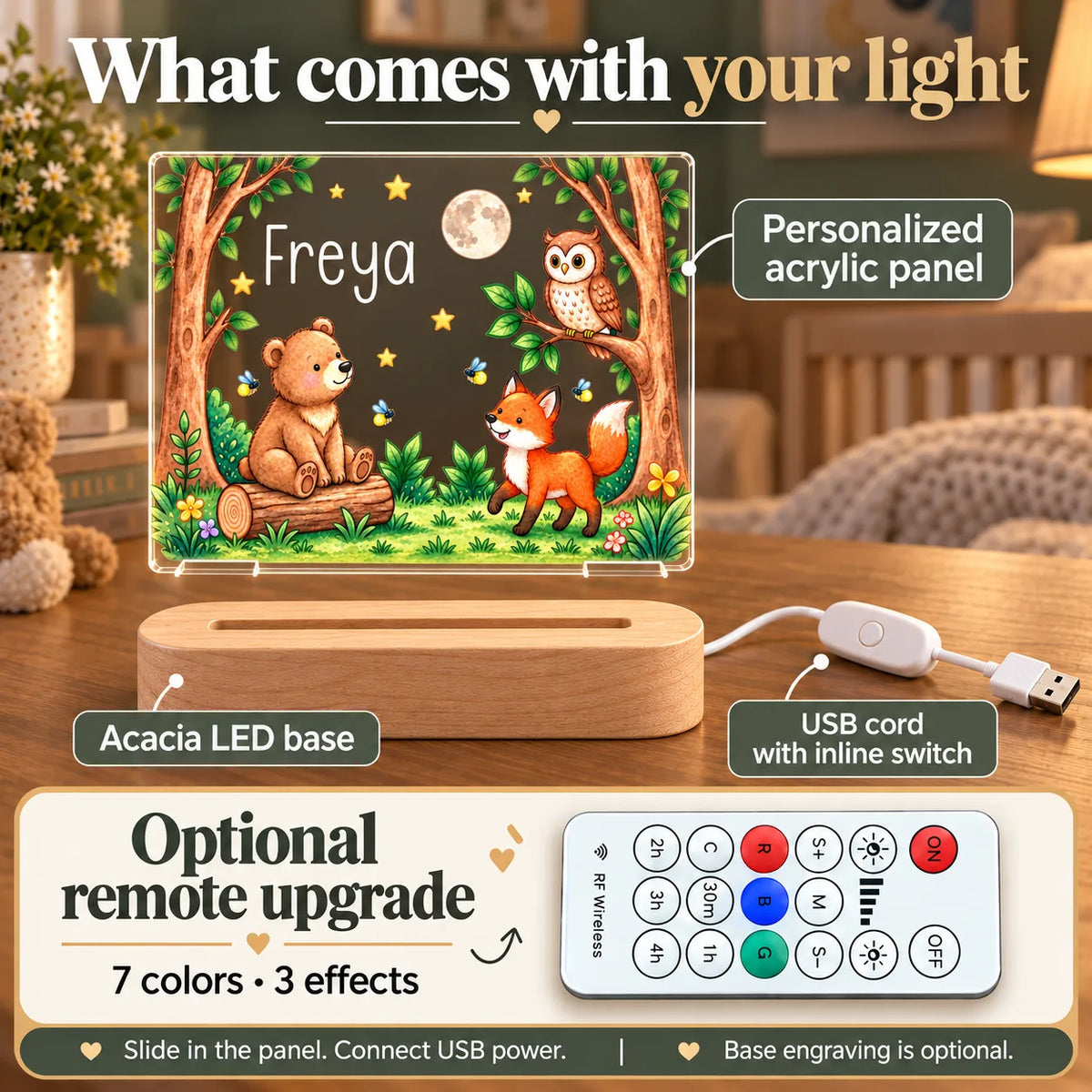 What comes with the personalized woodland bear night light: acrylic panel, acacia LED base, USB cord, optional remote