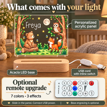 What comes with the personalized woodland bear night light: acrylic panel, acacia LED base, USB cord, optional remote