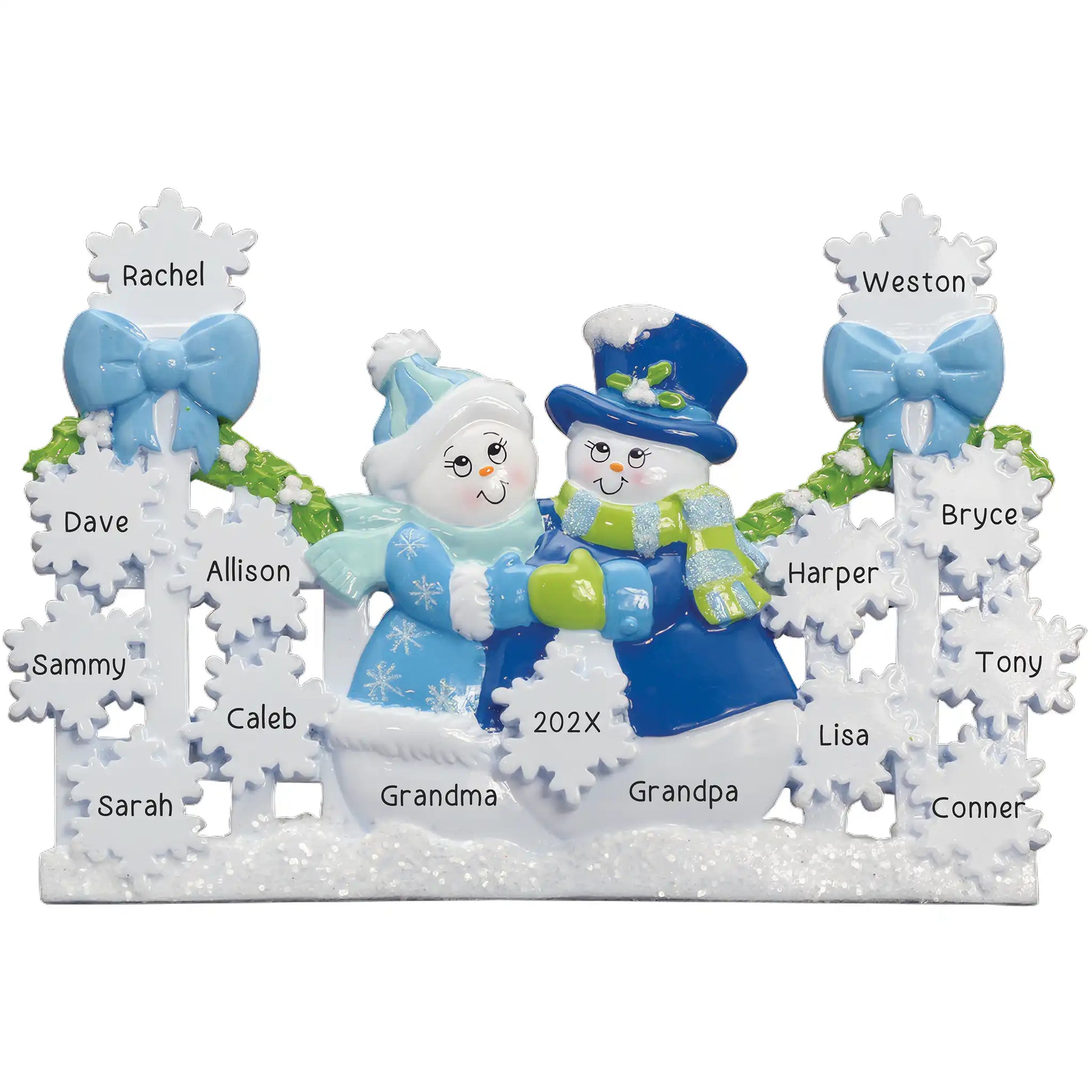 Snow couple tabletop decoration with personalized snowflakes for grandchildren