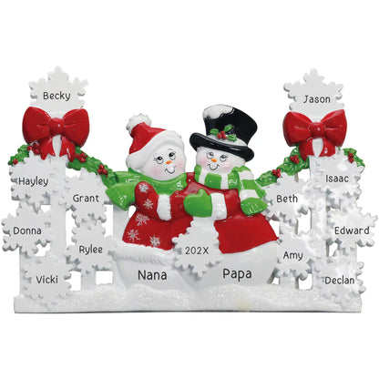 Red snow couple tabletop decoration with personalized snowflakes for grandchildren