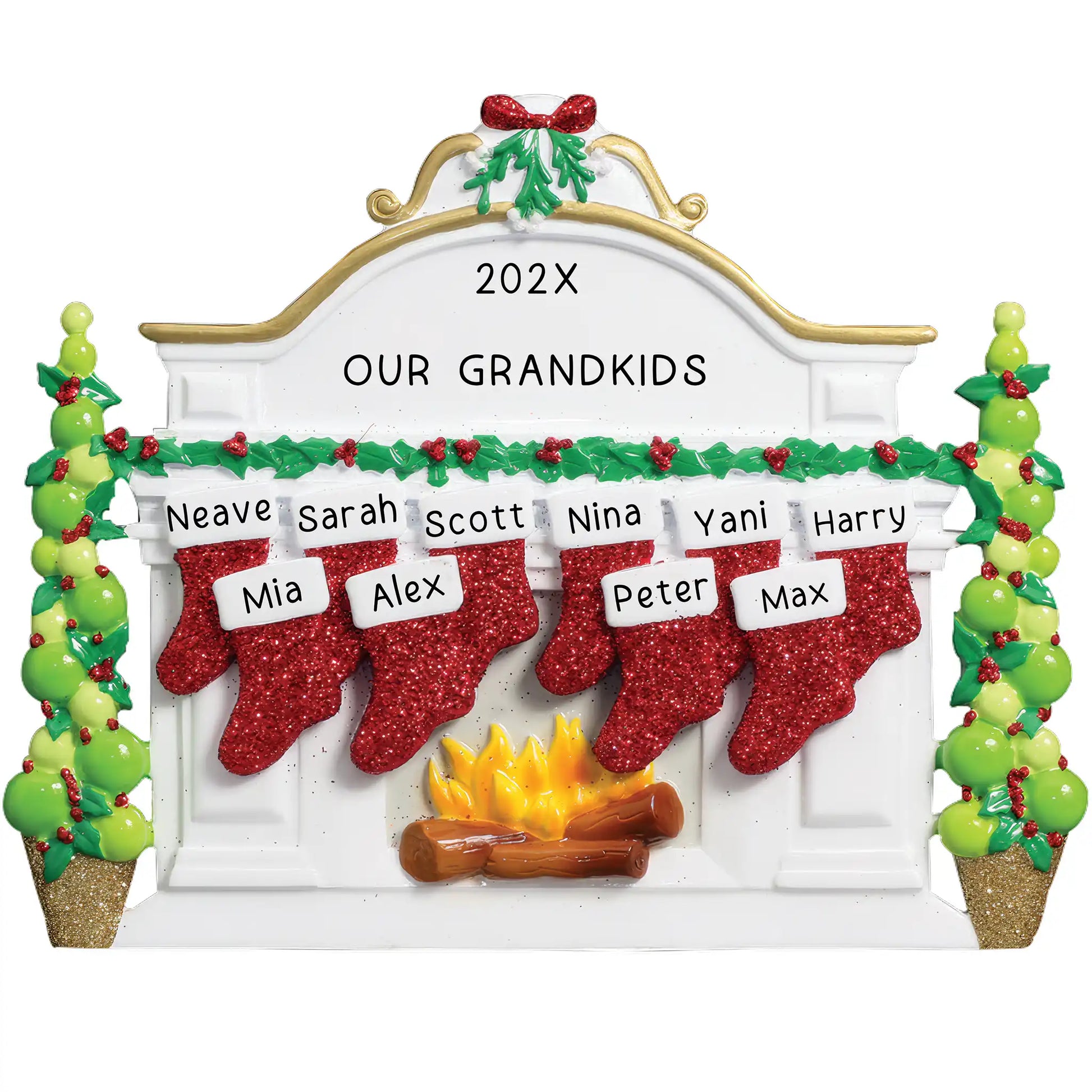 Personalized family of 10 Christmas ornament with white and gold fireplace mantle, six red glitter stockings, crackling fire and topiary trees, customizable with names and yearRetry