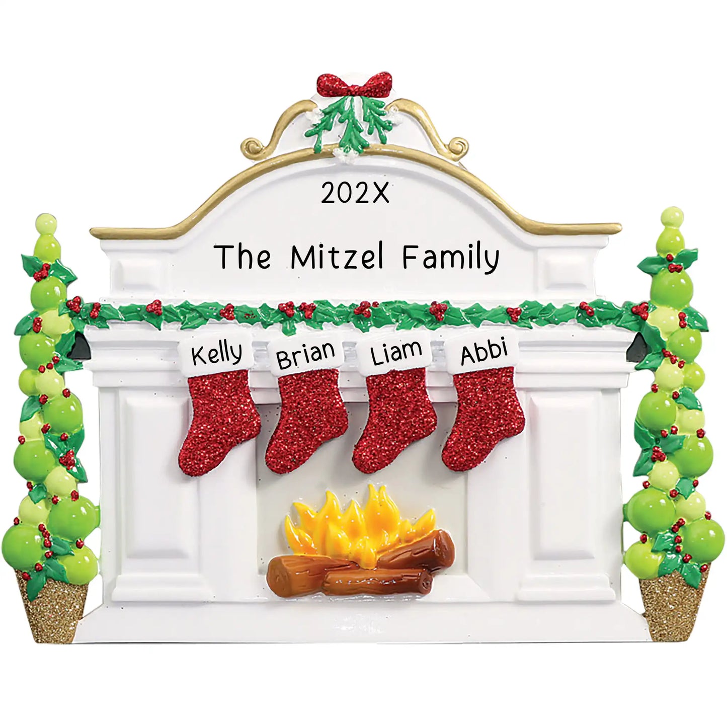 Personalized Christmas ornament featuring a white fireplace mantle with four red glitter stockings and holiday greenery, ready for four custom name engravings.