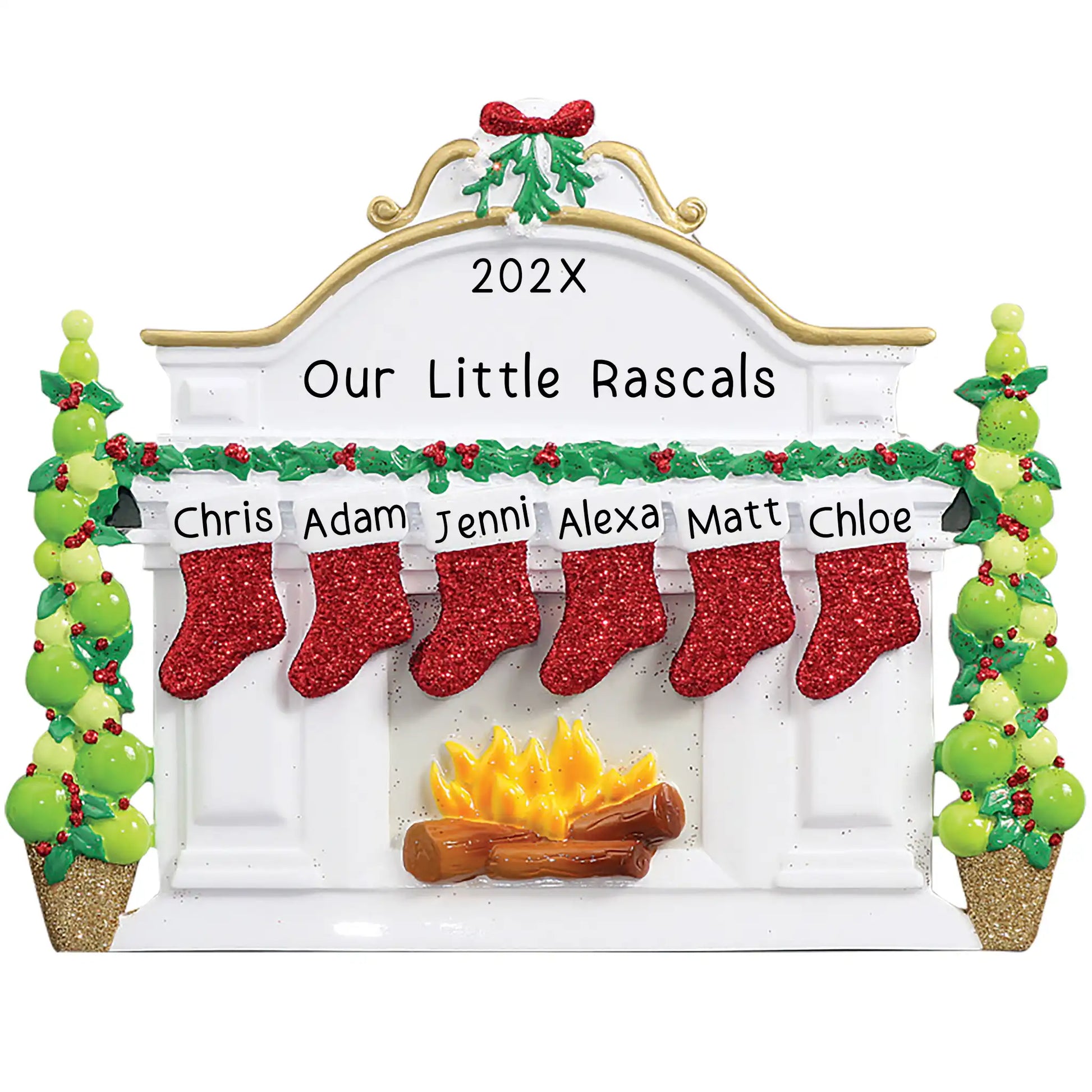 Personalized Christmas ornament featuring a white fireplace mantle with six red glitter stockings and holiday greenery, ready for six custom name engravings.