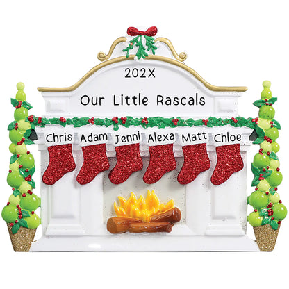 Personalized Christmas ornament featuring a white fireplace mantle with six red glitter stockings and holiday greenery, ready for six custom name engravings.