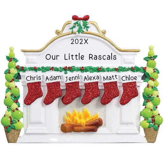 Personalized Christmas ornament featuring a white fireplace mantle with six red glitter stockings and holiday greenery, ready for six custom name engravings.