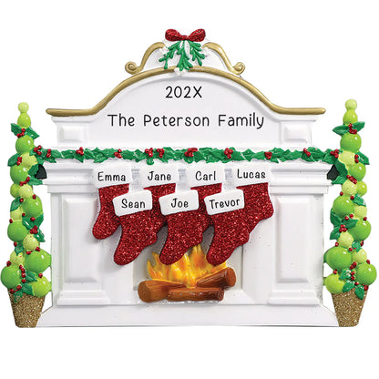 Family of 7 tabletop Christmas mantle with glittered stockings and laser engraved names. A warm, festive personalized keepsake that ships within 24 hours.