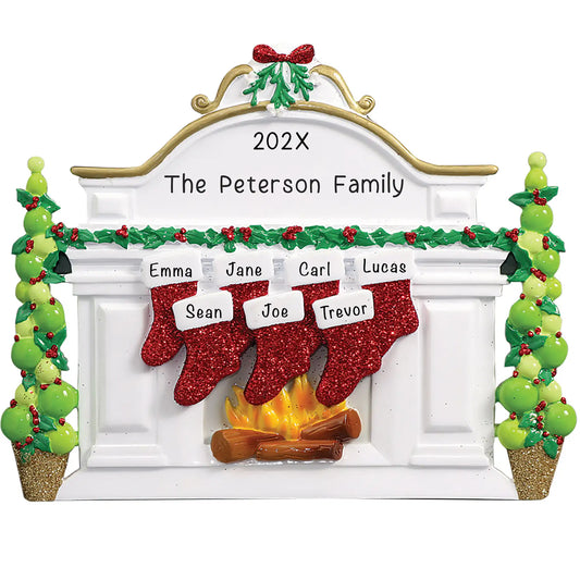 Family of 7 tabletop Christmas mantle with glittered stockings and laser engraved names. A warm, festive personalized keepsake that ships within 24 hours.