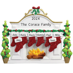 Celebrate your family of 8! Personalized Christmas ornament features 8 custom stockings on a mantle. Add custom names and year. Perfect large family gift.