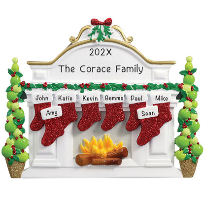 Celebrate your family of 8! Personalized Christmas ornament features 8 custom stockings on a mantle. Add custom names and year. Perfect large family gift.